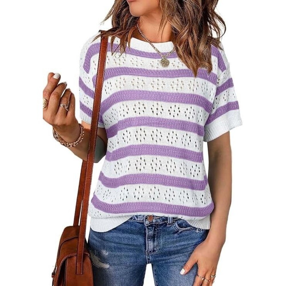 EVALESS Womens Sweaters Short Sleeve Crewneck Knit Shirt Size Medium